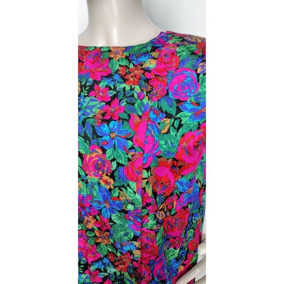 Saks Fifth Avenue Vintage 80s 100% Silk Floral High Shoulder Button-Down Blouse - Picture 7 of 11